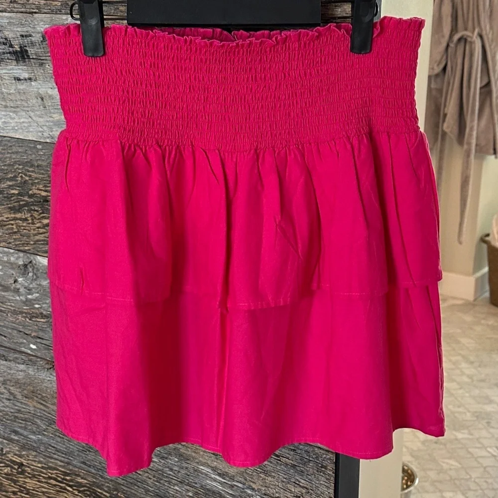 HT360 Collective Layered Ruffle Mini Skirt Fuchsia Smocked Waist Size M - Picture 2 of 9